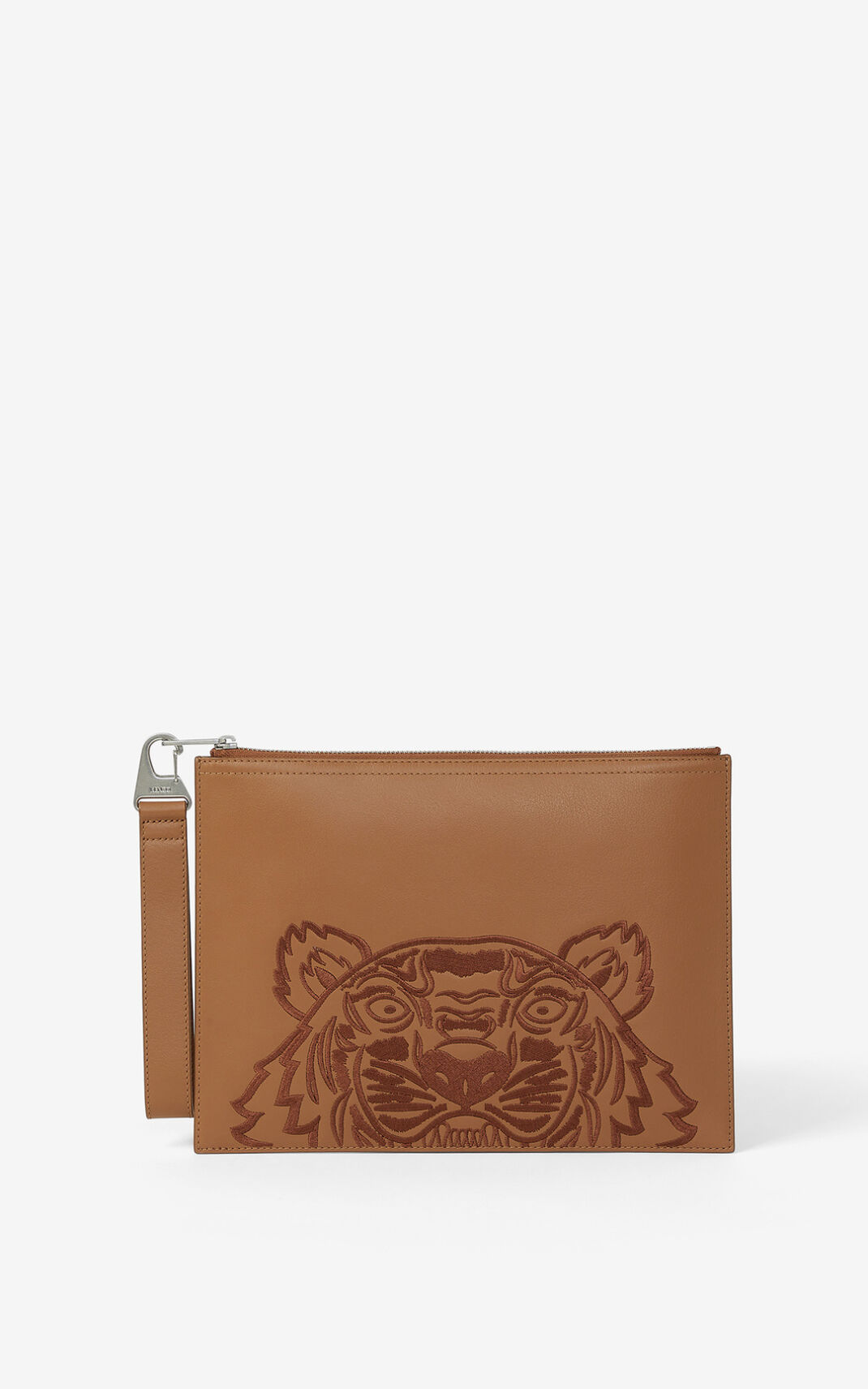 Pochette Kenzo Kampus Tiger large grained Cuir Femme Marron | FXMV-54013